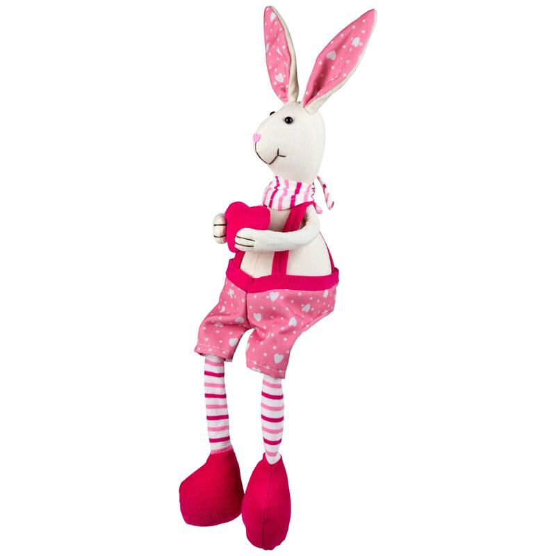 Boy Sitting Easter Rabbit Decoration with Dangling Legs - 16.5" - Pink and Cream