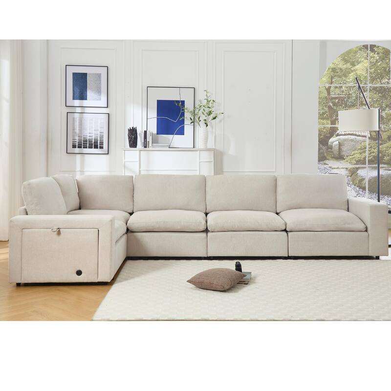 5-seat Modular Sectional Couch with Wireless Charging, Cup Holders & Book Storage, Beige Soft Linen Fabric