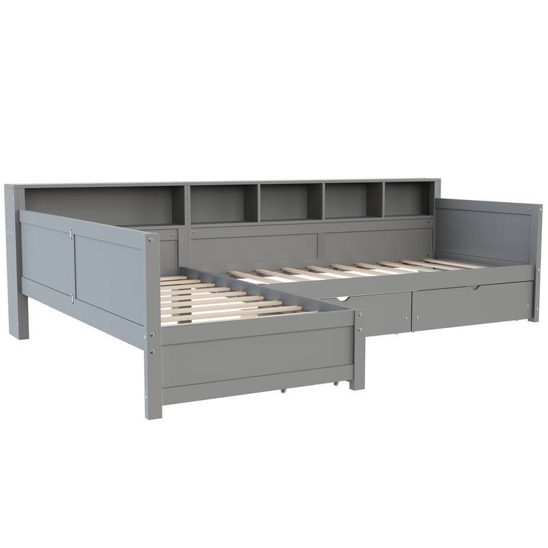 L-Shape Twin Size Day Bed for 2 with Storage Drawers and Bookshelf by Harper&Bright Designs