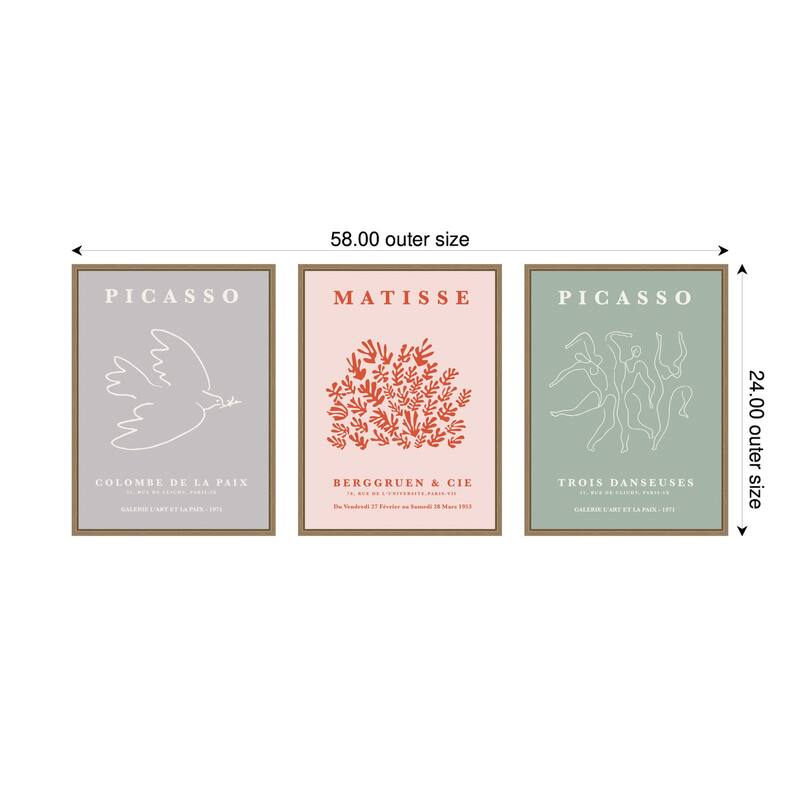 Kate and Laurel Picasso Inspired Bird & Inspired Dance 3 Piece Framed Canvas Wall Art Set by Gabrielly Guedes