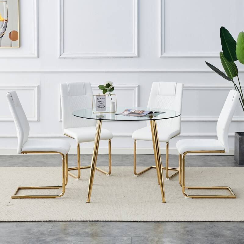 Roomfitters 5pcs Round Glass Dining Set with PU Cushioned Chairs and Gold Metal Legs, Kitchen Furniture, Golden
