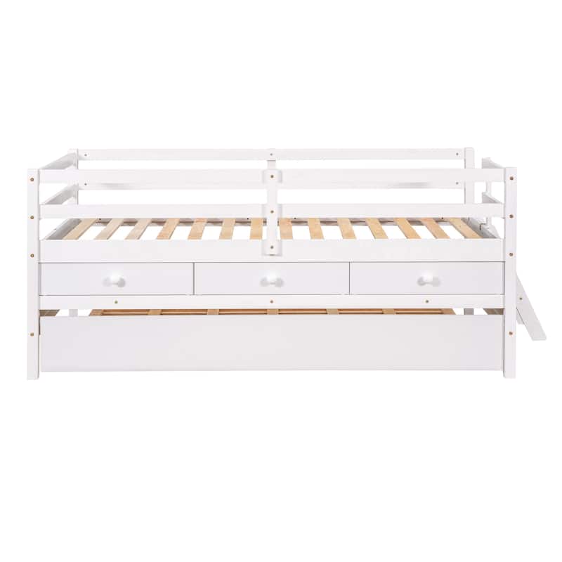 Solid Wood Low Bed with Full Safety Fence, Climbing ladder,Storage Drawers and Trundle