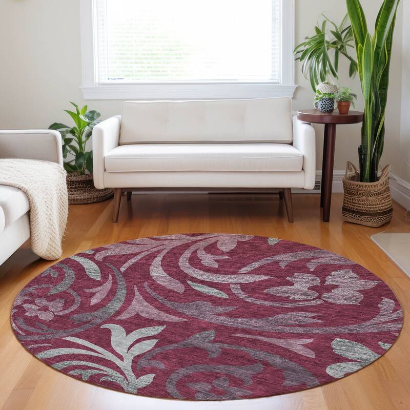 Premium Washable Super Soft Contempory Scroll Mayfield Rug - Garnet - 8' x 8' - Round
