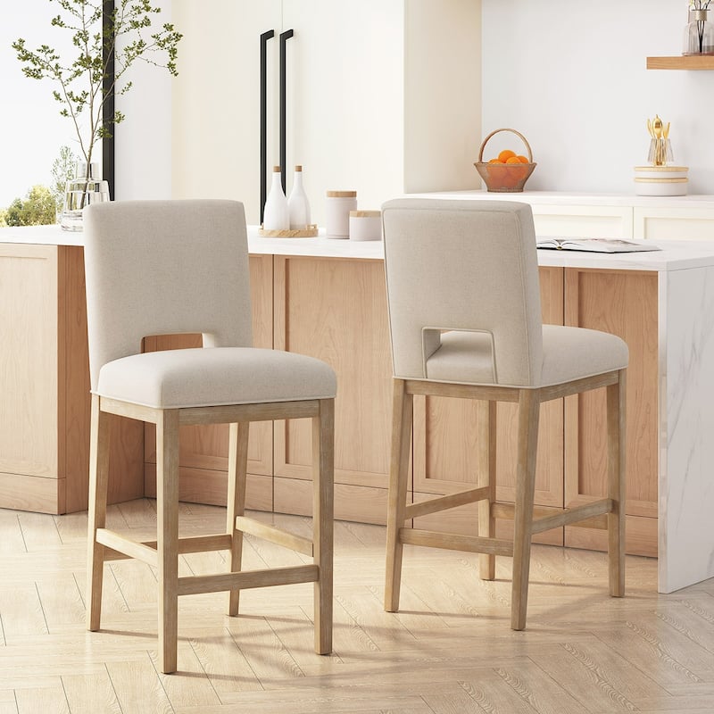 2PCS Fabric Counter Wood Frame Bar Stool - Beige