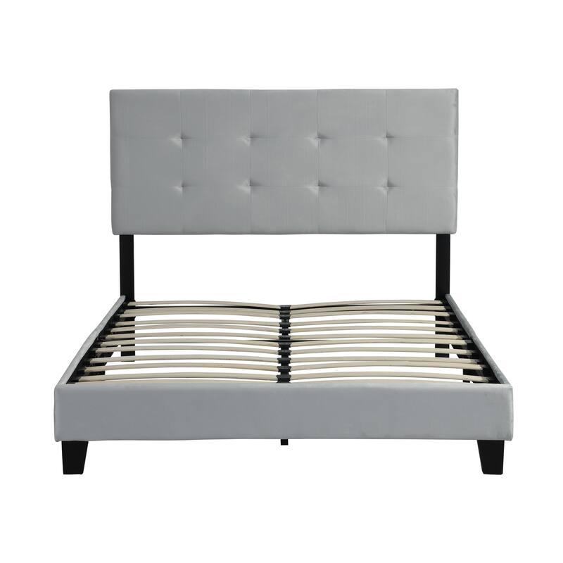 Queen Size Upholstered Bed with Tufted Headboard and Strong Wood Support