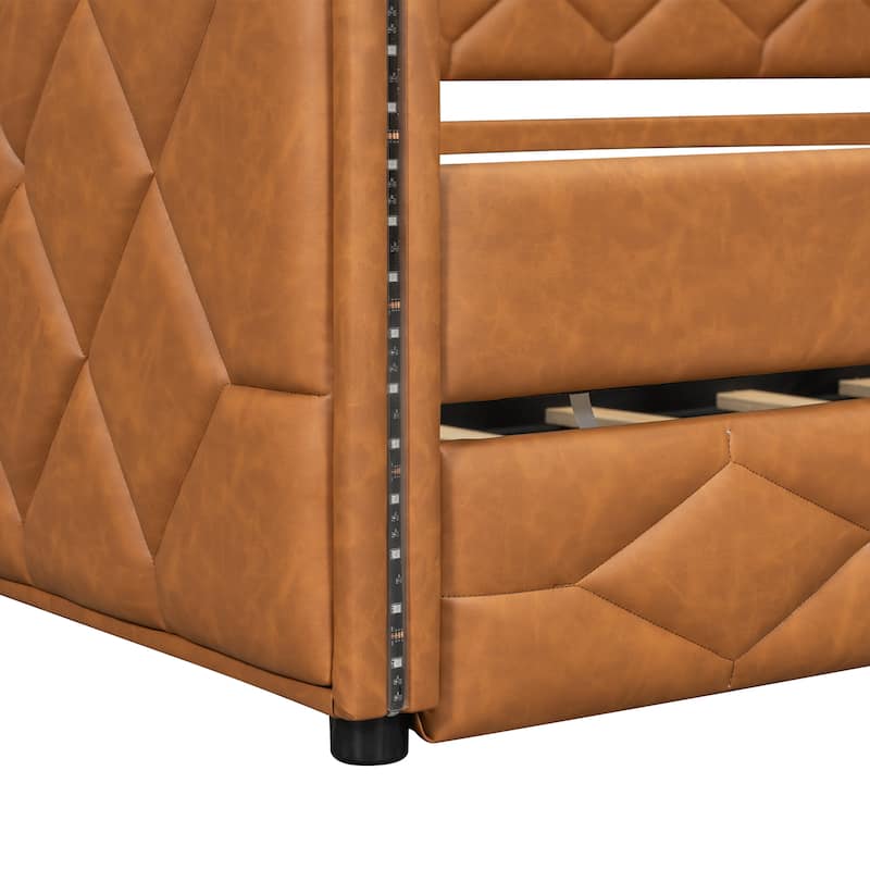 Full XL Size Upholstered Daybed with Trundle Bed and LED Armrests, Rhombic Blocks Frame Sofa Bed, U-shape Bed Frame