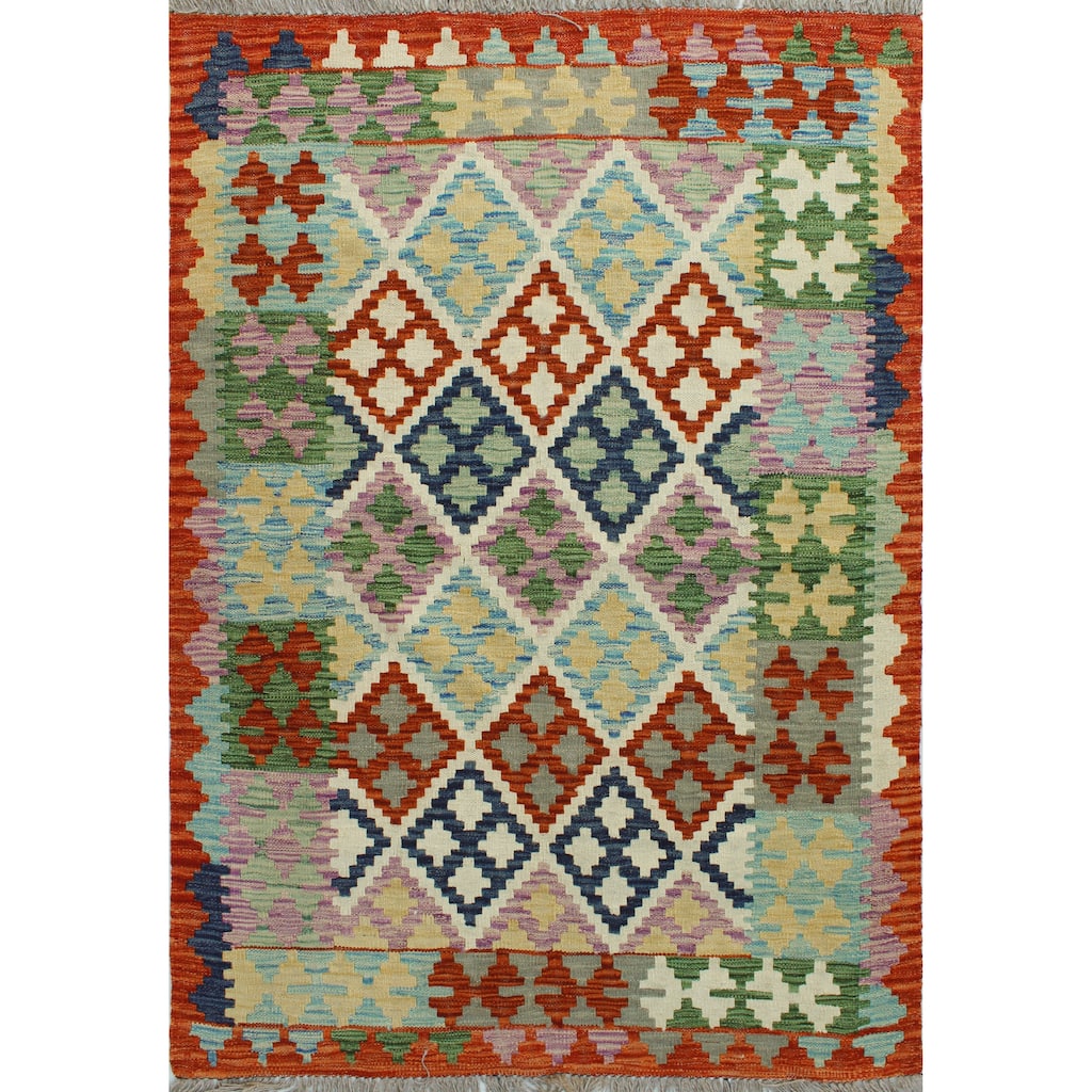 Flatweave Manshuk Orange/Navy Rug - 3'3" x 4'11"