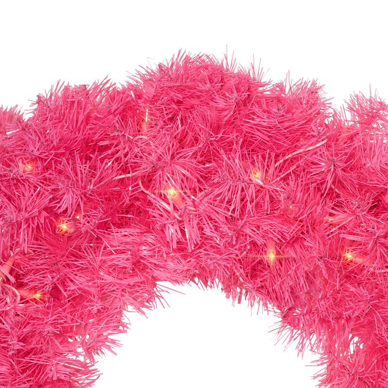 Pre-Lit Tinsel Artificial Christmas Wreath - 24" - Pink - Clear Lights