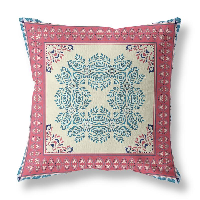 HomeRoots 26" X 26" Cream And Blue Blown Seam Damask Indoor Outdoor Throw Pillow