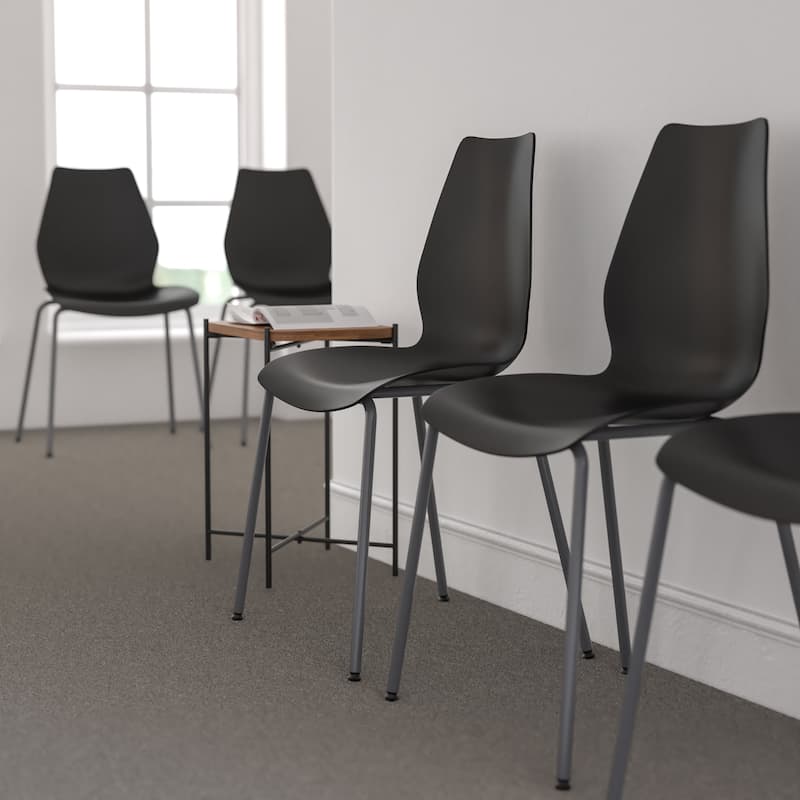 HERCULES Series Stack Chair with Lumbar Support and Silver Frame - Black