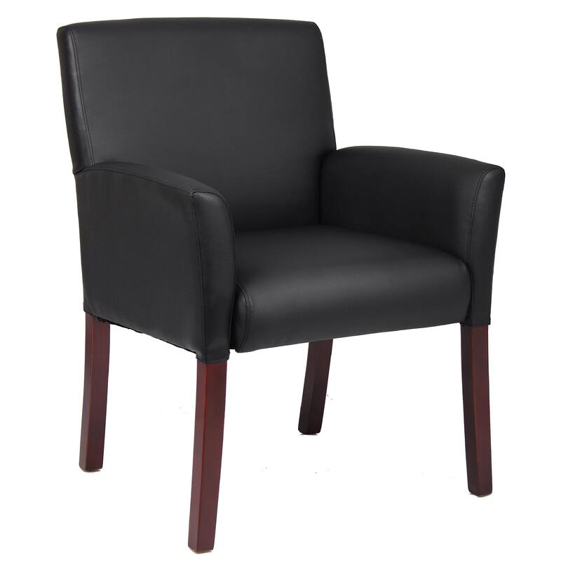 Nick Guest Armchair, Black Vinyl, Mahogany Brown Finish, Lumbar Support