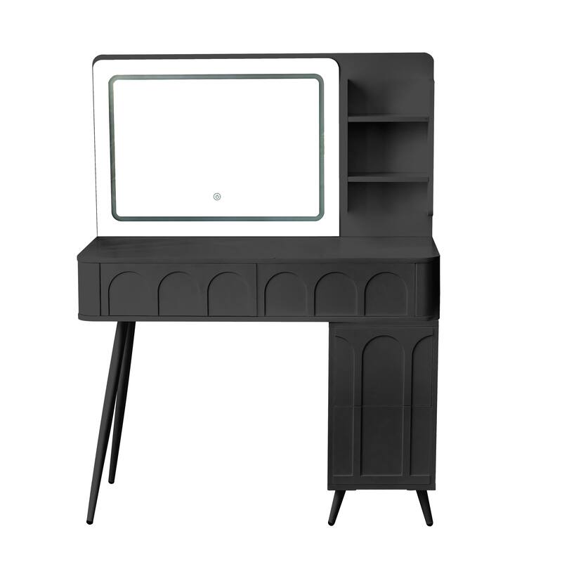 Modern Makeup Vanity Desk with LED Lights & Mirror, Extendable Dressing Table Set with Stool, 4 Drawer & Side Cabinet