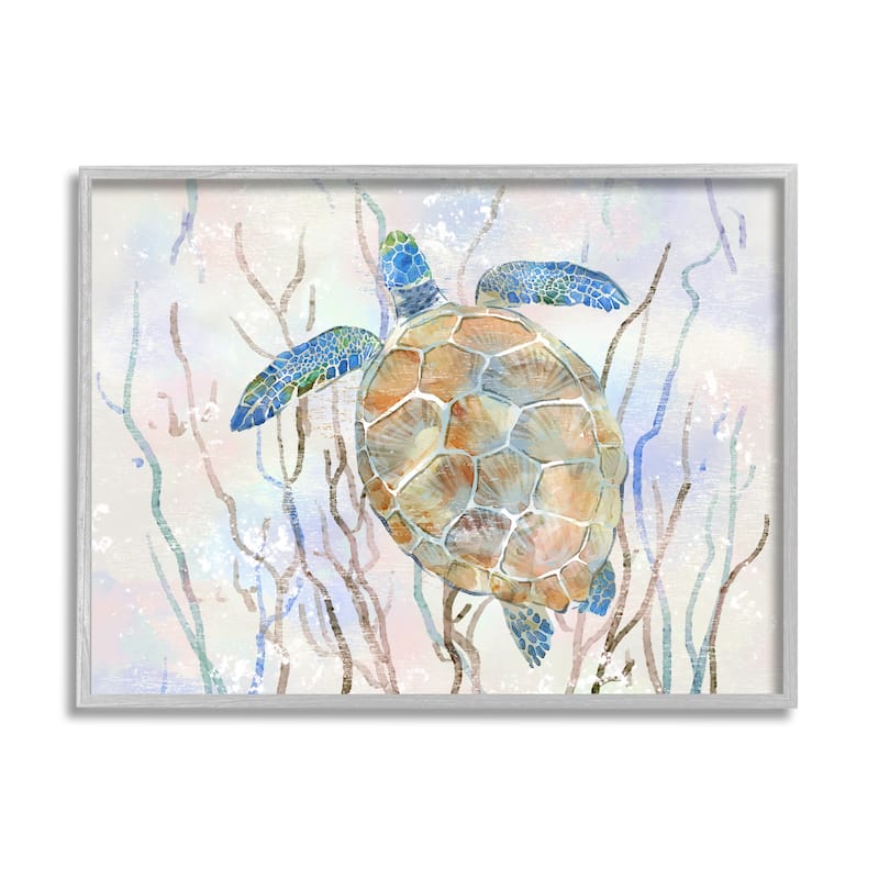 Stupell Contemporary Ocean Sea Turtle Abstract Kelp Sea Life Framed Wall Art - Blue - 30 x 24 - Grey