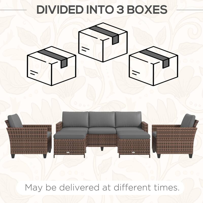 Outsunny 5 Piece Patio Furniture Set with Cushions, Outdoor Conversation Set with Rattan Three-Seater Sofa, Chairs & Footstools