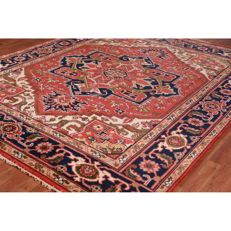 Hand Knotted Oriental 100% Wool Carpet Traditional Medallion Oranges & Rust Heriz (serapi) Area Rug - 9' 10'' X 8' 1''