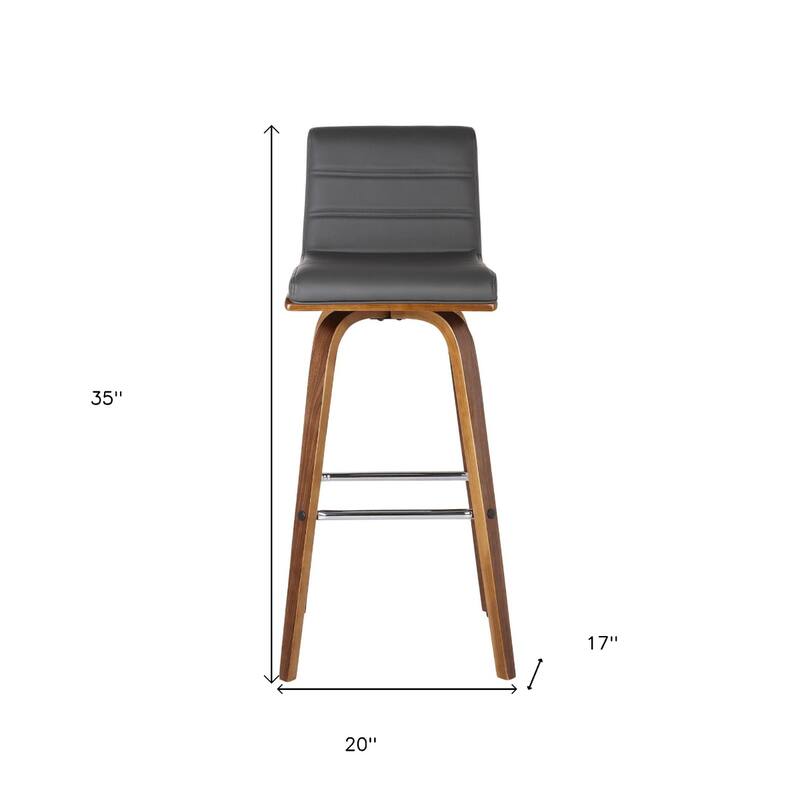 Modern Walnut Swivel Bar Stool with Faux Leather Seat and Low Back Brown Footrest Solid Wood Frame