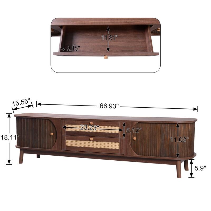 Rattan TV Stand for TVs up to 75'',Entertainment Center Media Console with Solid Wood Legs