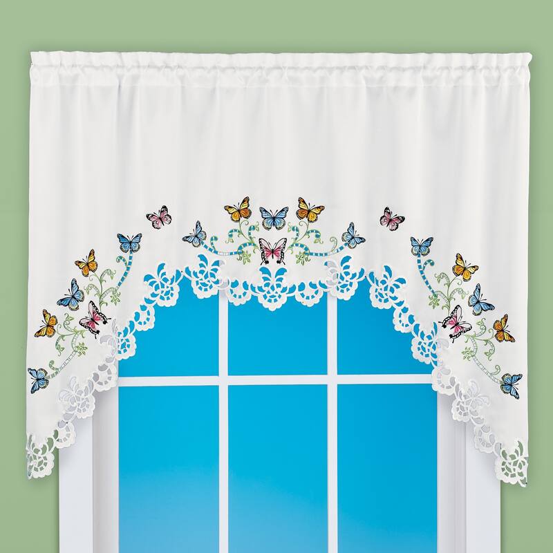 Embroidered Butterfly Scalloped Edge Swag Window Valance - 6.250 x 6.000 x 1.500 - White - 6.250 x 6.000 x 1.500