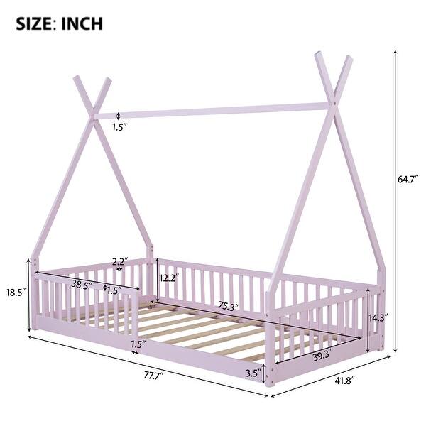 dimension image slide 1 of 2, Twin Size Floor Bed, Platform Bed Frame with Fence and Roof, Solid Wood Playhouse Bedframe w/Open Door, No Box Spring Needed