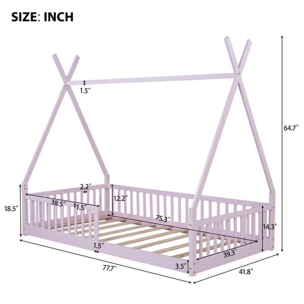 dimension image slide 0 of 2, Wood House Bed Floor Bed Twin Size Frame Bed with Fence