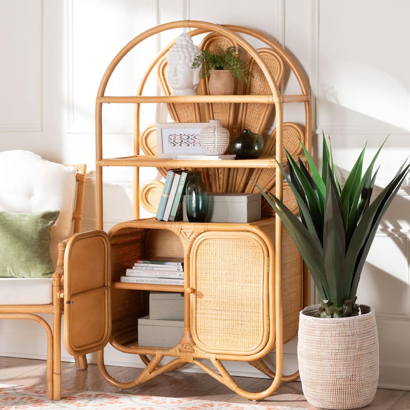 Noreen Peacock Fan Natural Rattan Cabinet - Handcrafted Rattan Pole Hutch with Woven Doors and Shelves, Boho Coastal Accent