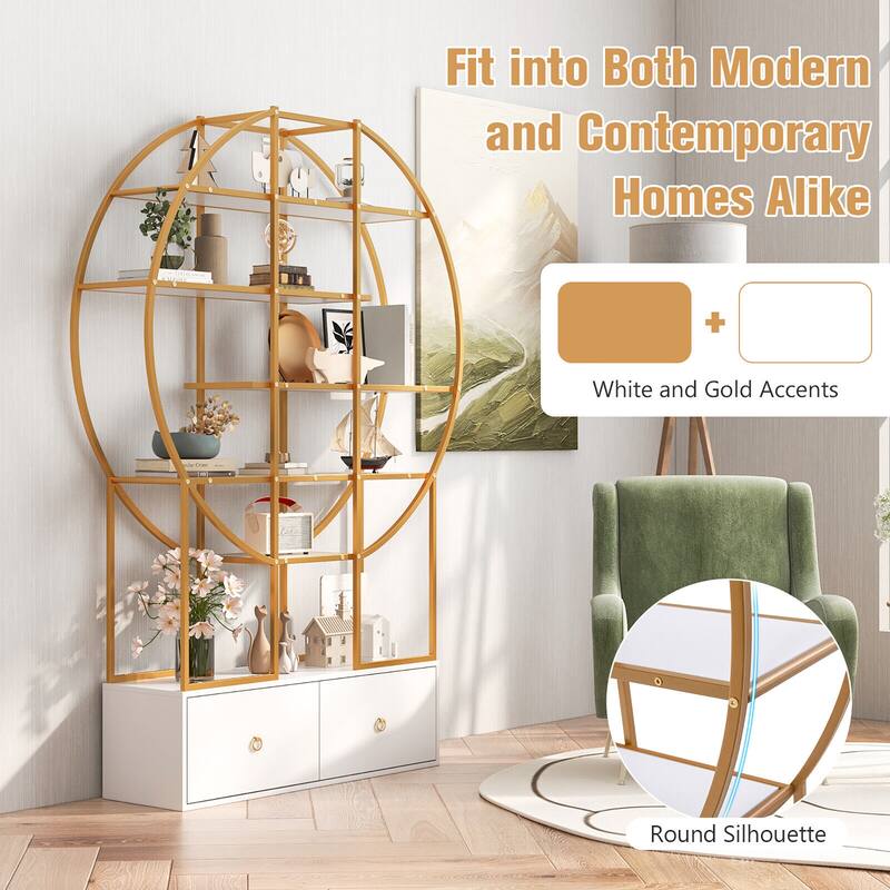 Gymax 71'' Tall Metal Bookcase 6-Tier Gold Bookshelf w/ 2 Storage