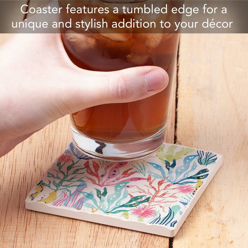 Coral Collection 4 Pack Absorbent Stone Coasters with Cork Backing 4" Square Made in The USA Absorbent Wipes Clean