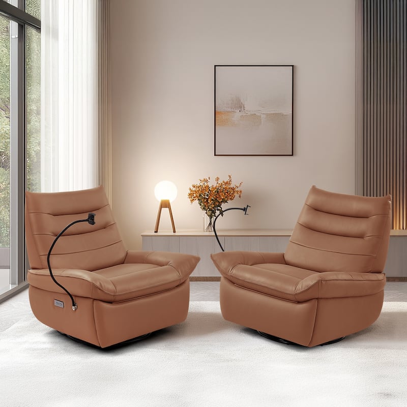 Genuine Italian Leather Match Power Swivel Rocker Recliner (Set of 2) - Brown