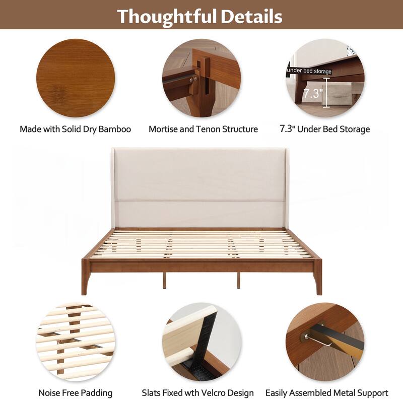 King Size Solid Dry Bamboo Wood 12 Inch Platform Bed