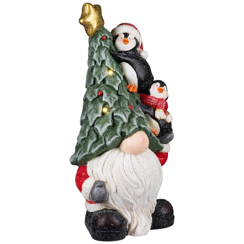 Lighted Gnome with Penguins Christmas Decoration -17" - Clear LED Lights