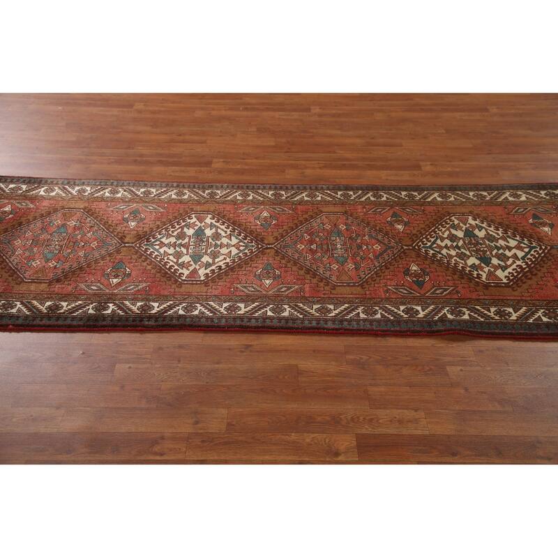 Red Ardebil Persian Vintage Runner Rug Handmade Hallway Wool Carpet - 3'3"x 9'3"