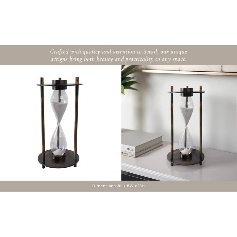 Modern Metal and Glass Hourglass Timer with Frame and Built-In Compass