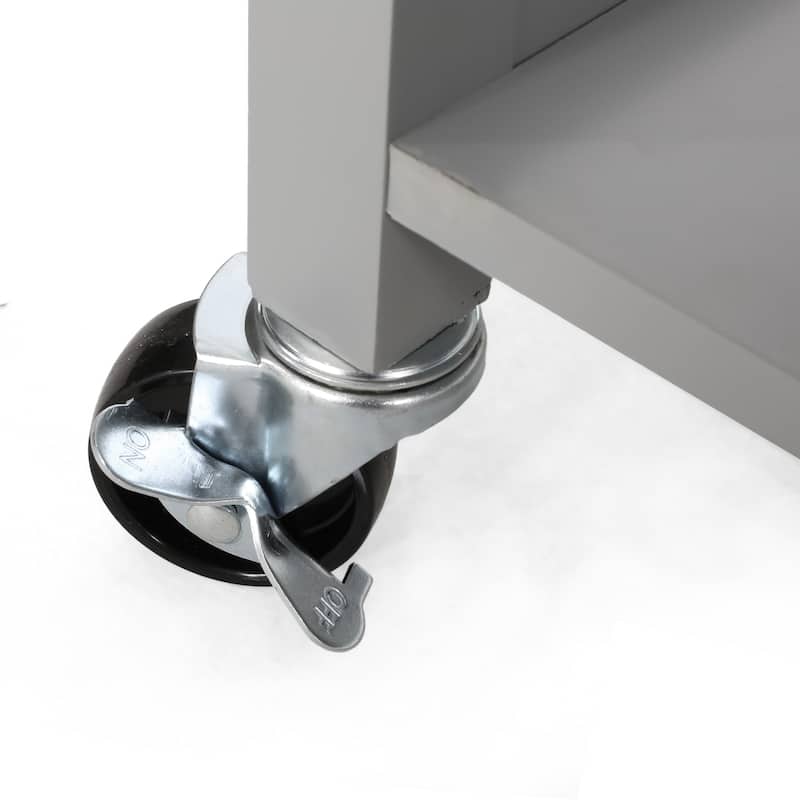 Contemporary Kitchen Cart with Rubberwood Top, Multi-Function Storage Drawer, Open Shelves, Rolling Casters with Locks