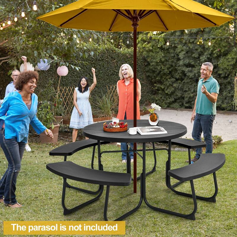 Costway Outdoor 8-person Round Picnic Table Bench Set with 4 Benches & - See Details