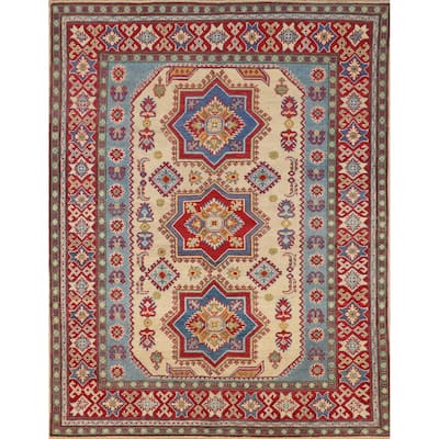 Geometric Kazak Oriental Area Rug Hand-Knotted Beige Wool Carpet - 4'11" x 6'4"