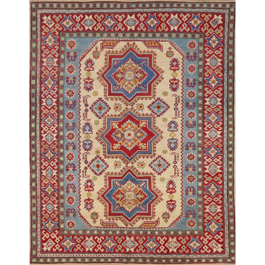 Geometric Kazak Oriental Area Rug Hand-Knotted Beige Wool Carpet - 4'11" x 6'4"