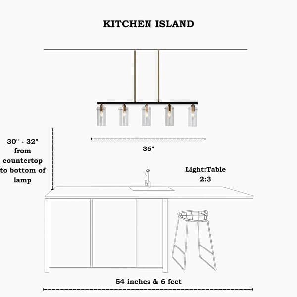 dimension image slide 0 of 2, Alva Modern 5-Light Black Gold Chandelier Glass Linear Island Lights for Dining Room - 36" L x 3" W x 8" H