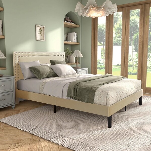 VECELO Upholstered Bed Frame with Height Adjustable Headboard - On Sale -  Bed Bath & Beyond - 37057150