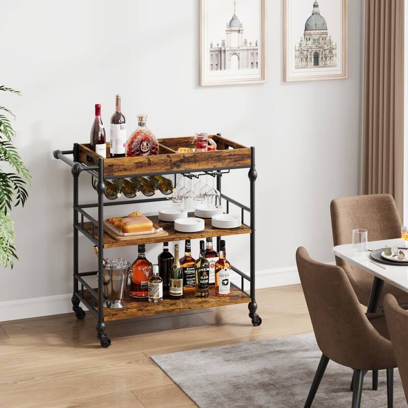 Farmhouse 3 Tier Bar Cart with Removable Tray for Kitchen - 15.7"D x 35.4"W x 34.1"H - Kitchen Cart - Brown