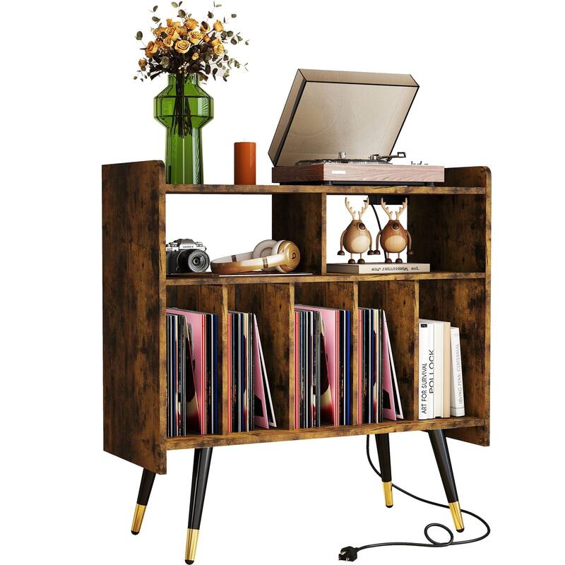 Retro Vinyl Stand with Charging Hub, Record Player Stand with Power Outlet and USB Ports