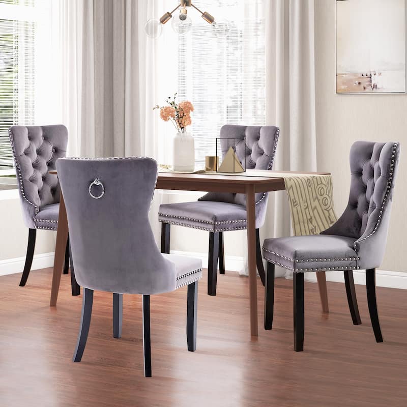 Dining Chairs Set of 6,Tufted Dining Room Chairs with Nailhead Ring Pull Trim, Upholstered Dining Chairs with Solid Wood Legs
