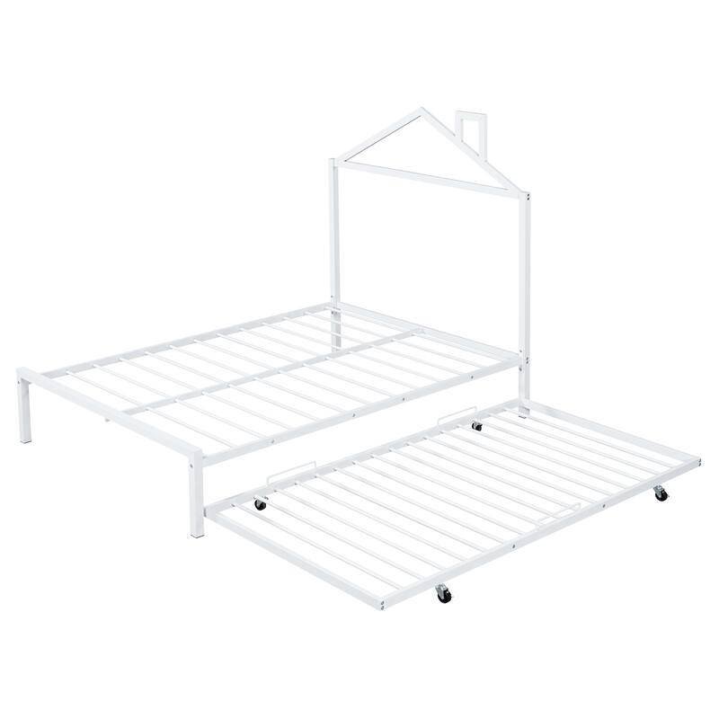 Metal Platform Bed with Twin Size Trundle,House-Shaped Headboard