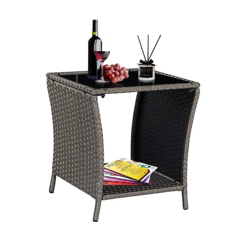 Patio Wicker Rattan Side Table Outdoor End Table,Outdoor Coffee Table w/ Storage Tempered Glass Top Bistro Table, Gold Silver