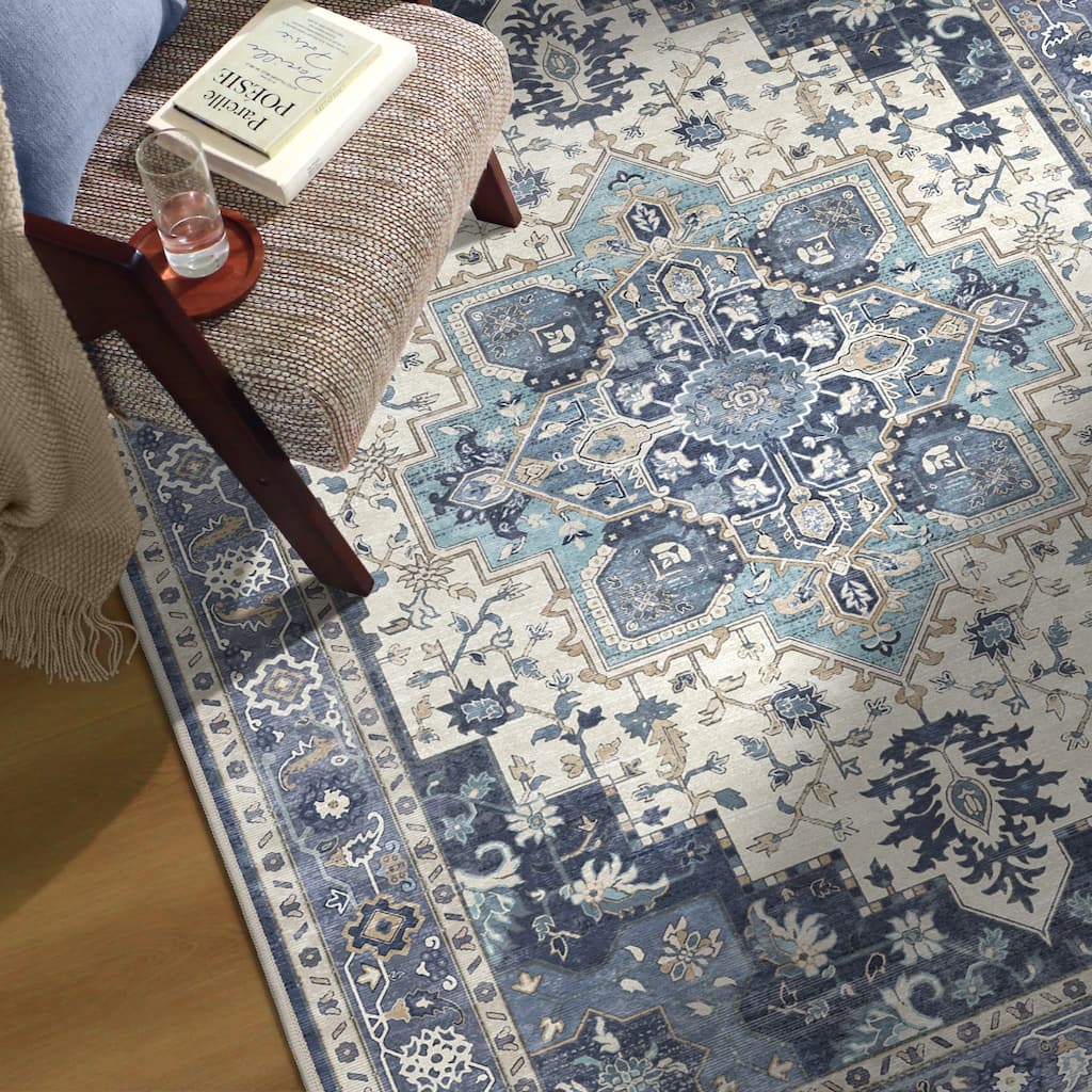 Mcow Floral Faded Low Pile Machine Washable Non-Slip Area Rug