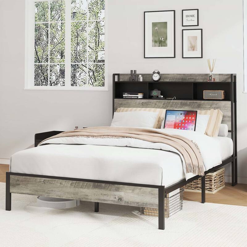 Platform Bed with Headboard Storage and Charging Station,Ideal for Modern Bedrooms and Efficient Living Spaces