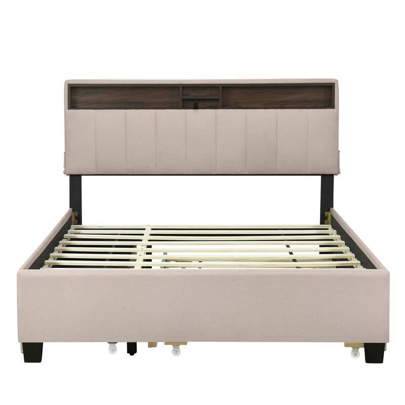 Upholstered Bed with Storage Headboard and Drawers