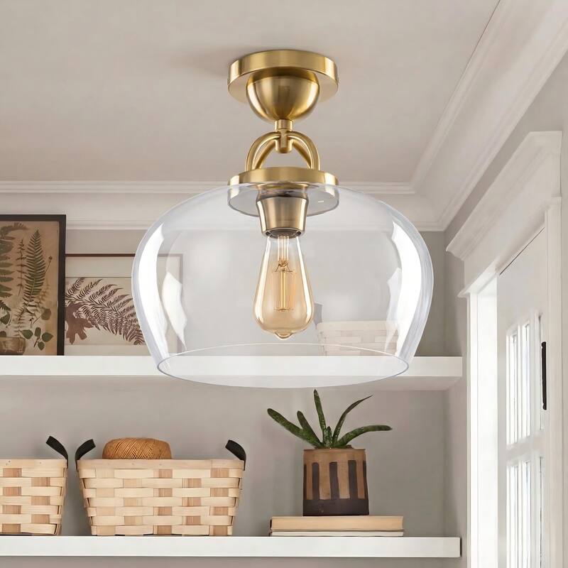 1-Light Modern Metal & Glass Flush Mount with Transparent Open Flat-Ball Shade for Bedroom - 11.8 in. W x 13 in. H