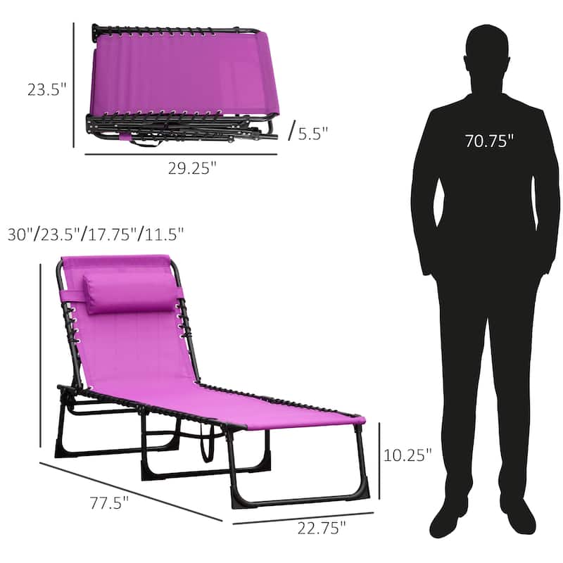 Outdoor Portable Folding Chaise Lounge with Pillow, Reclining Back, Steel Frame & Breathable Mesh