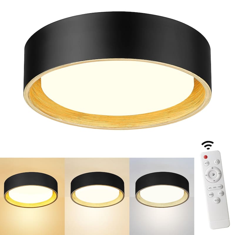 13 Inch Ceiling Light, LED Flush Mount Light - 14W/Black and Wood