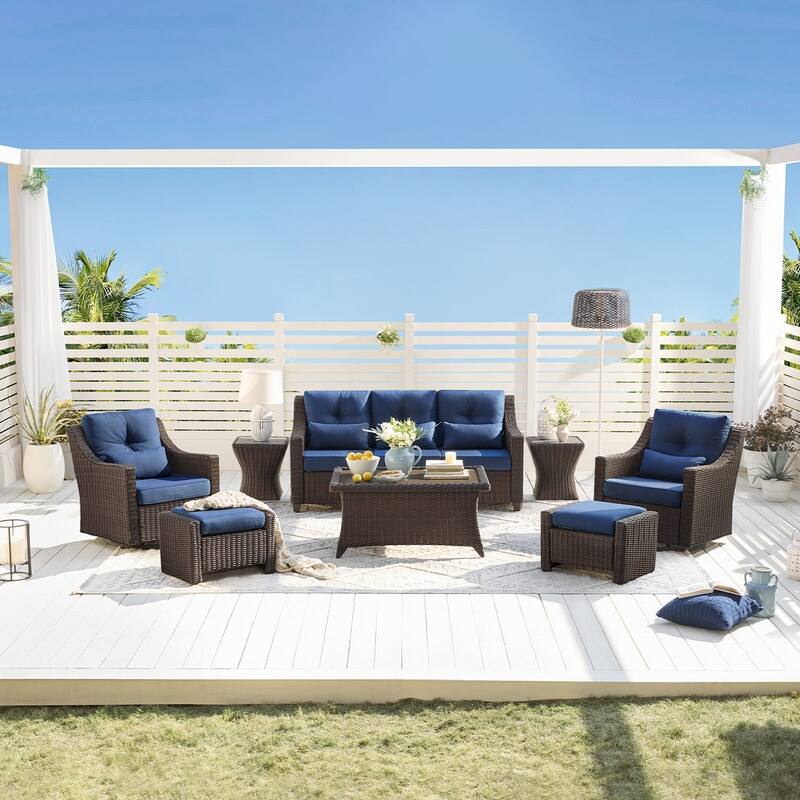 Spruce & Spring Murphy 8-Piece Outdoor Wicker Patio Furniture Conversation Sofa Sets - Chestnut Wicker-Blue